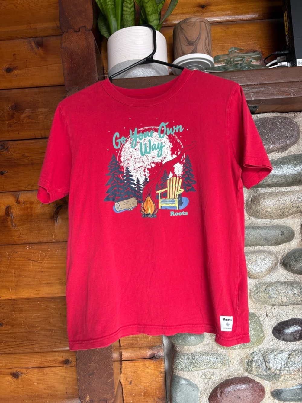 Roots Kids XXL 13-14 Camping Graphic T-Shirt Red 100% Cotton